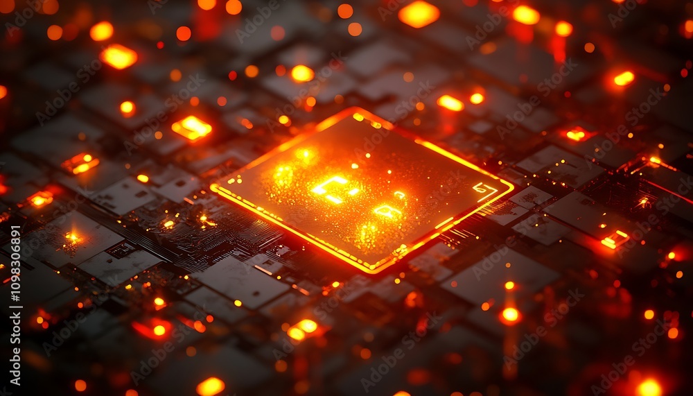 Poster a glowing microchip surrounded by intricate circuitry, symbolizing advanced technology.