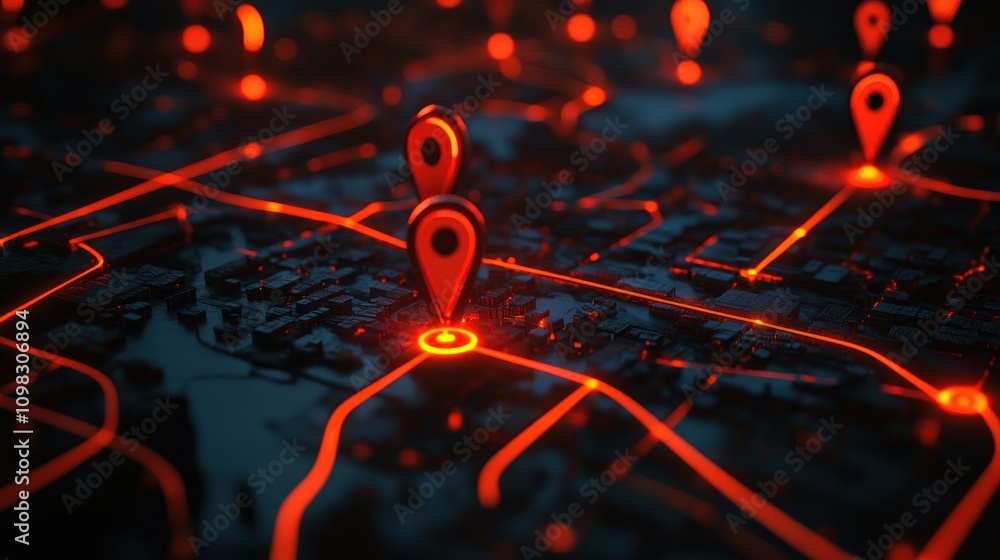 Poster a digital map with glowing red location pins and interconnected pathways.