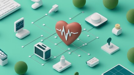 Internet of Medical Things concept. A vibrant digital illustration featuring a heart with an ECG line, surrounded by health-related devices and elements, symbolizing health monitoring and technology.