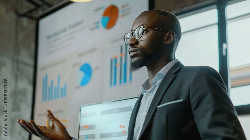 Poster A man presents data analytics in a professional setting with charts and graphs in the background.
