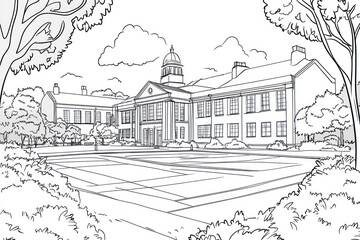 A coloring book page with an outline of big school at England have big yard. White background
