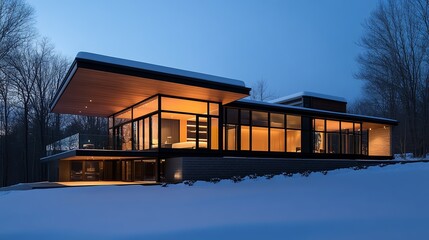 Obraz premium A snowdusted solar panel array on the roof of a modern home with warm light glowing from the windows