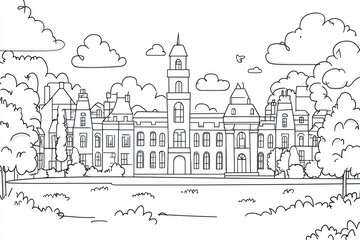 Obraz premium A coloring book page with an outline of big school at England have big yard. White background