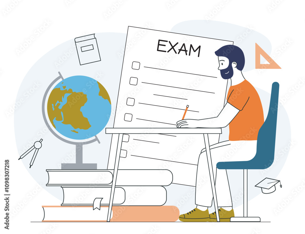 Poster man pass exam. young guy sits at table and writes correct answers. examination and test. education a