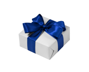 White gift box with blue bow on transparent background. Holiday decorations. Boxing day.