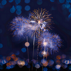 Fototapeta premium New Year Colorful Fireworks glittering background. Ai generative