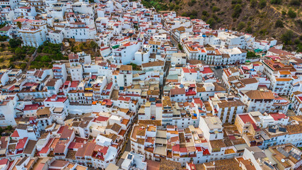 Aerial drone photo of the white village of Tolox in Spain
