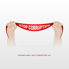 International Anti-Corruption Day, with design of two hands holding a ribbon saying STOP CORRUPTION