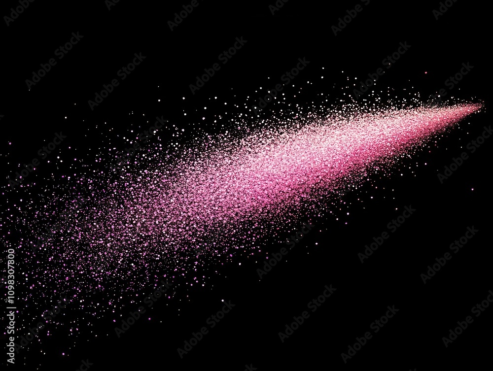 Poster spray of pink glitter exploding against a deep black background, creating a stunning visual effect r