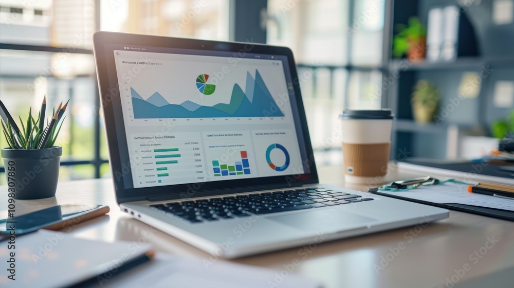 Poster a laptop displaying data visualizations on a desk with a coffee cup and plant.