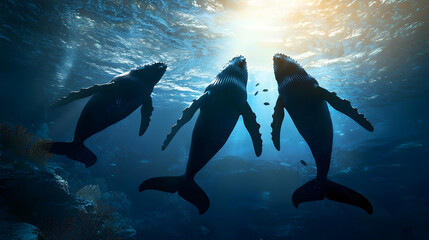 Obraz premium Humpback whales swim toward light in serene underwater ocean scene