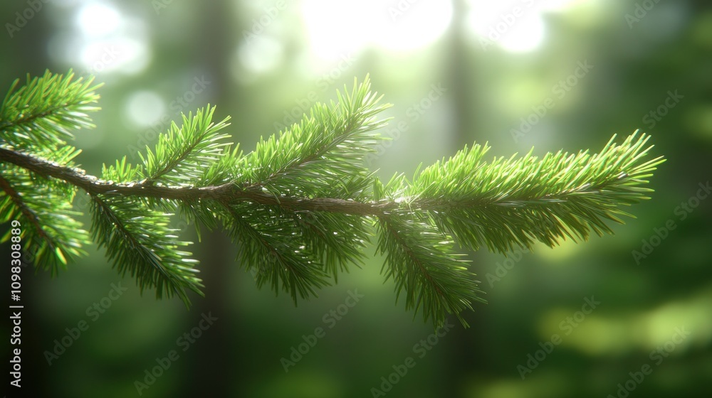 Poster close-up of a pine branch with sunlight filtering through the forest.