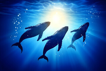 Obraz premium Humpback whales swim toward light in serene underwater ocean scene