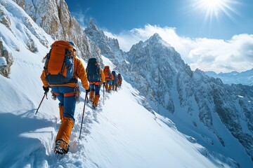 Group of mountaineers with backpacks and ice axes trekking through snowy terrain