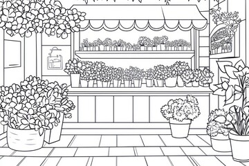 A coloring book page with an outline of inside flower shop view cornor 3/4. White background