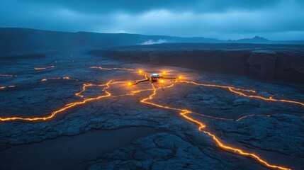 Fototapeta premium Drone flying over volcanic lava field