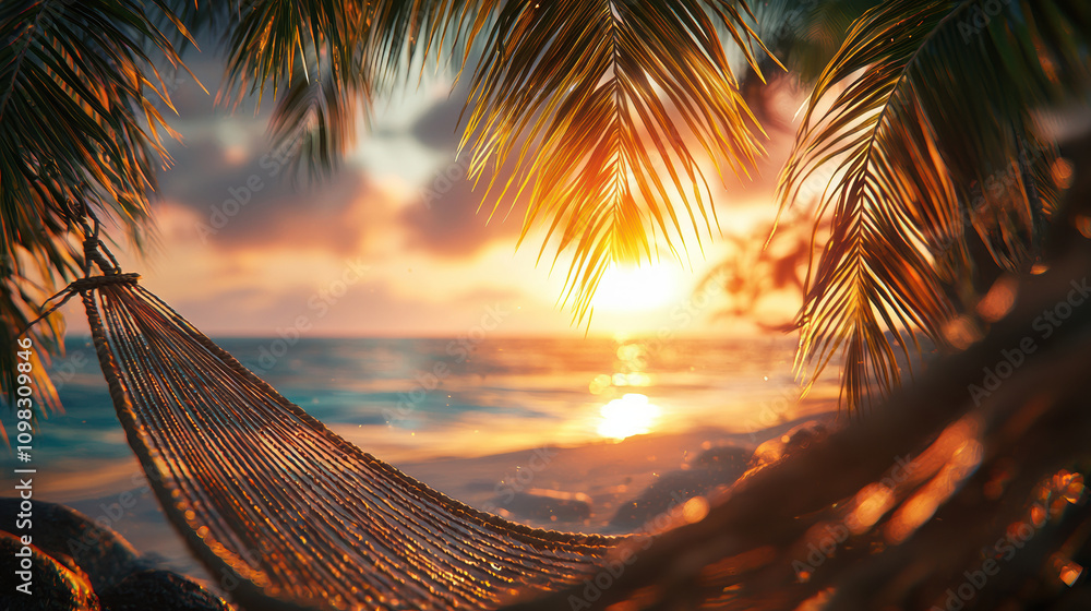 Poster serene sunset view over ocean with hammock nestled between palm leaves, creating tranquil atmosphere