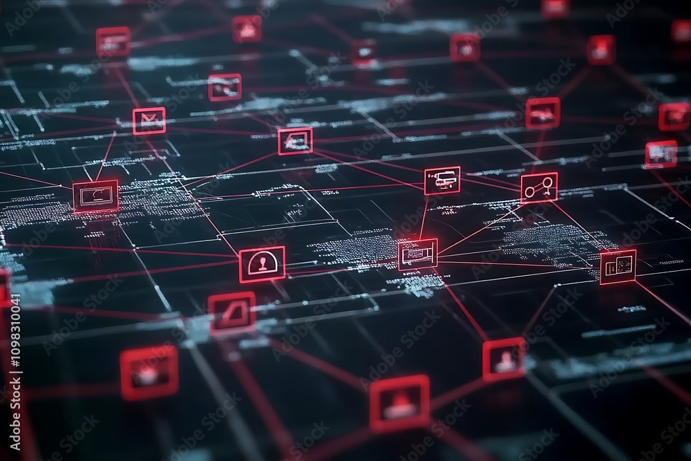 Poster a digital network visualization with interconnected icons representing technology and data flow.