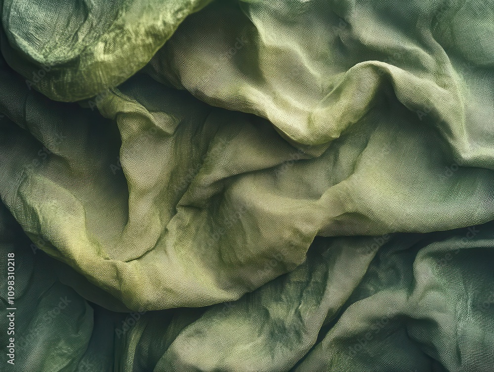 Poster textured abstract background of crumpled green fabric, with soft shadows and highlights creating a d