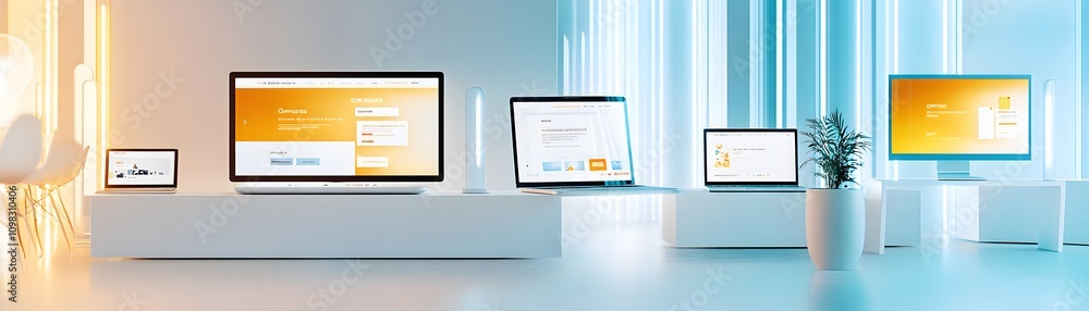 Poster modern workspace featuring multiple devices displaying webpages