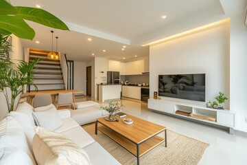 Cozy living room interior decorated, plain white wall
