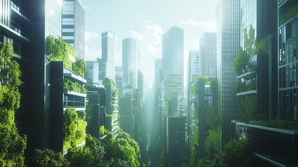 A futuristic urban cityscape featuring sustainable buildings, eco-friendly design, and a rich environment of integrated green spaces, ultra-realistic