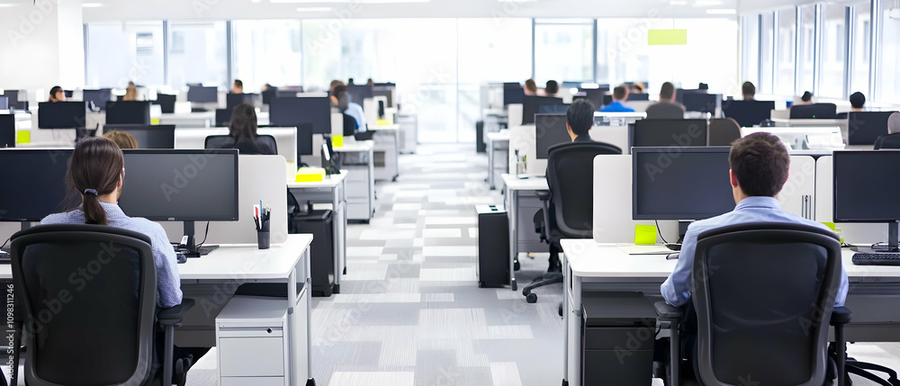 Poster modern office space with rows of desks and panoramic windows