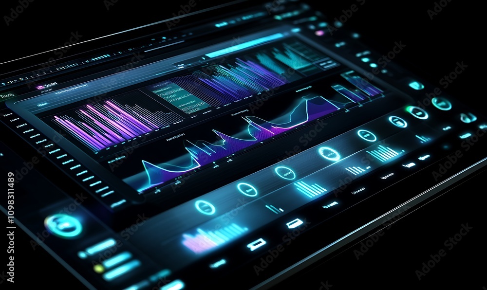 Poster a futuristic interface displaying data visualizations and analytics.
