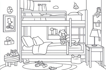 A simple line drawing of an interior bedroom of children. The lines should be thick for easy coloring by children, and include the bunk bed, toys, window including lights