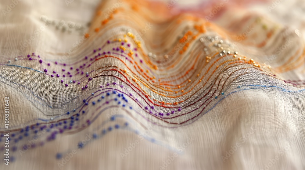 Aufkleber embroidered data points and lines on fabric, forming a handmade data pattern in muted, earthy colors