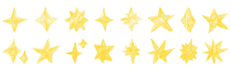 Set of chalk doodle stars. Grunge yellow stars with crayon texture. Hand drawing shape in kid sketch style on transparent background.
