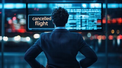 Travel restrictions concept. A frustrated business traveler stands in front of a cancelled flight display with the stress of travel disruptions.