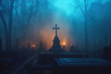 Fototapeta premium Mysterious gothic cemetery at dusk with misty atmosphere and cross tombstones