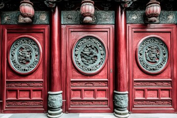 Obraz premium Traditional red wooden temple door with intricate circular carvings and lanterns