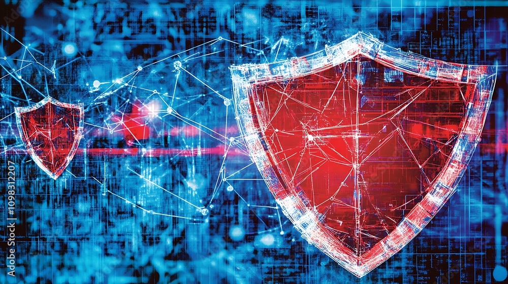 Aufkleber abstract digital illustration of protective shields symbolizing cybersecurity and data security.