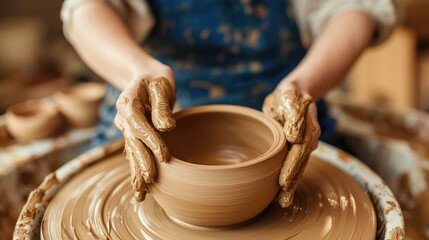 Fototapeta premium Artistry in Clay: A Potter Crafting Unique Bowls on the Wheel