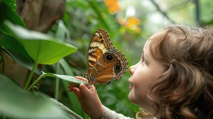 Captivating Encounter: A Child's Joyful Moment with a Butterfly in Nature