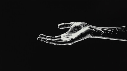 Naklejka premium Monochrome Hand Reaching: A Study in Minimalist Art. A stark black and white image of an open hand, symbolizing hope, despair, or offering. A powerful graphic design.