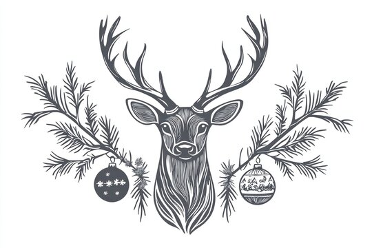 recommend clip art: christmas deer with christmas ornaments clipart vinyl decal, in style of simple tattoo line art vector svg cricut illustration