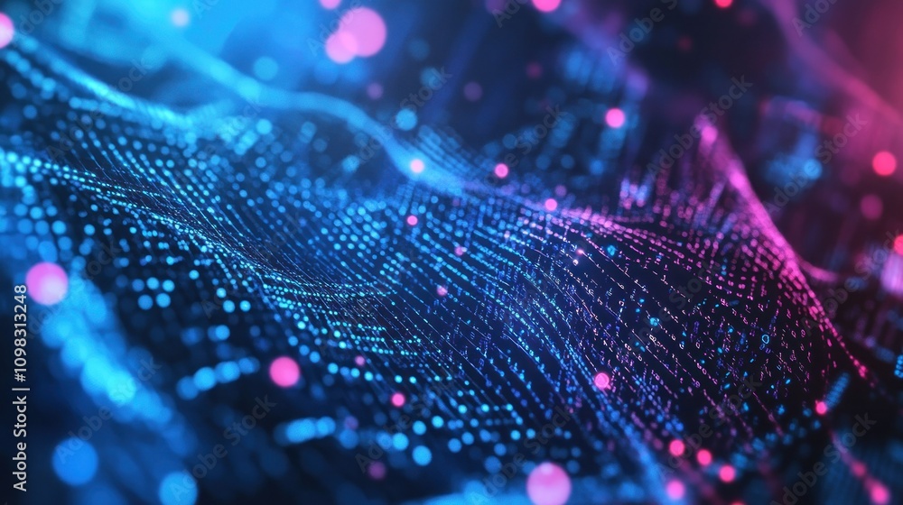 Poster abstract digital waves with vibrant colors representing data flow and technology.