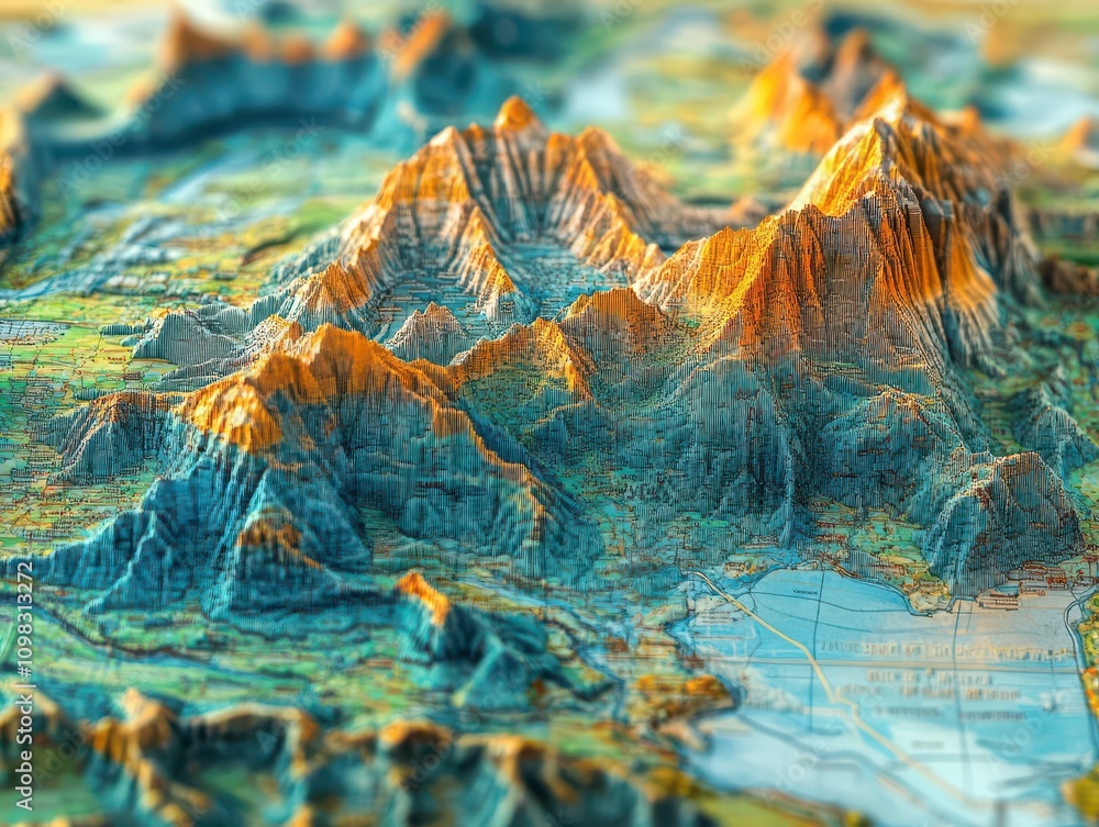 Poster topographic map with contour lines illustrating mountainous terrain, evoking a sense of exploration 