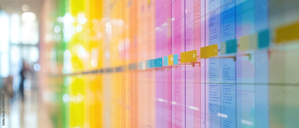 Poster a colorful wall display featuring organized documents and tabs for easy reference.