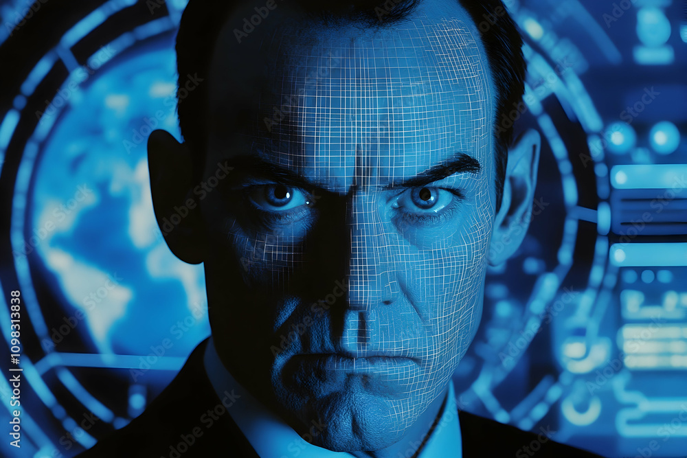 Poster futuristic facial recognition scan over a mans face with data displays