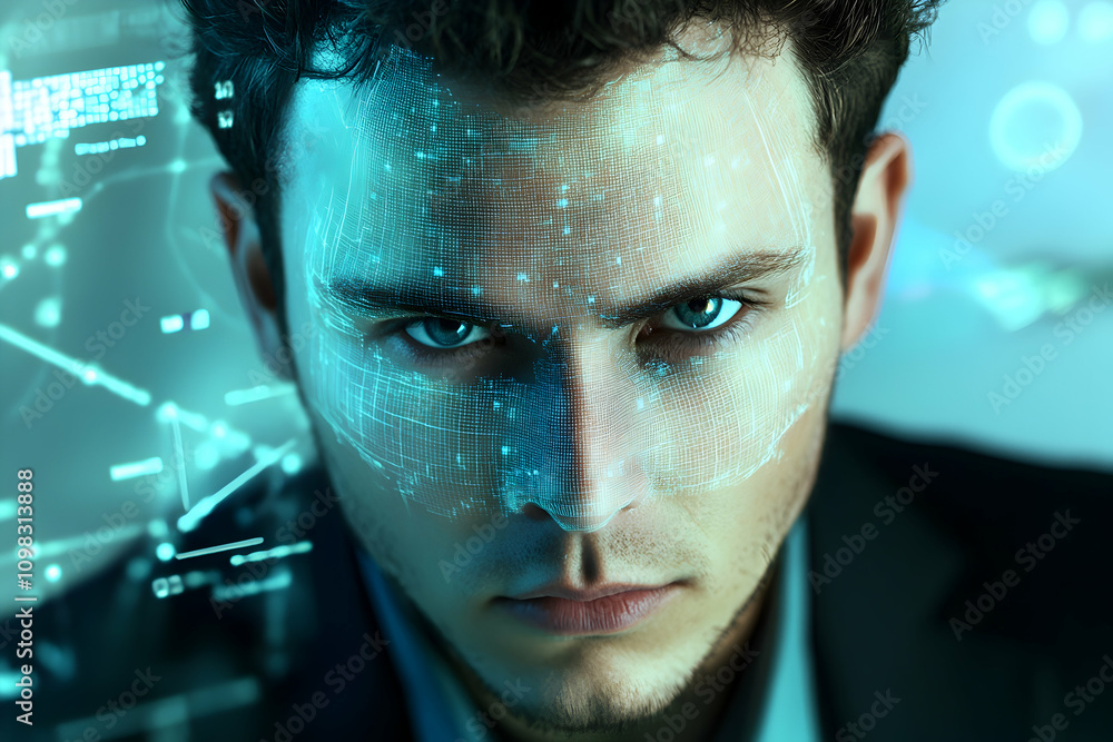 Poster futuristic facial recognition scan over a mans face with data displays