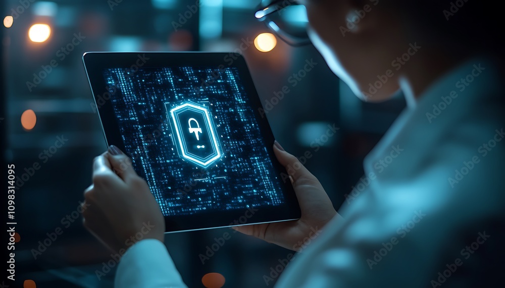 Poster a person examining a digital security interface on a tablet, emphasizing cybersecurity.