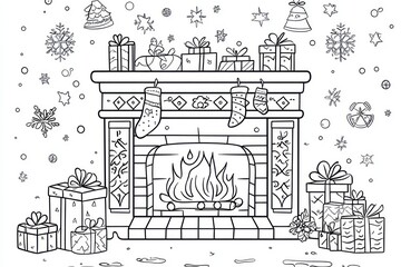 coloring page for child 1-3 years, simple lovely gute design, simple christmas fireplace , presents under the fire, cartoon style