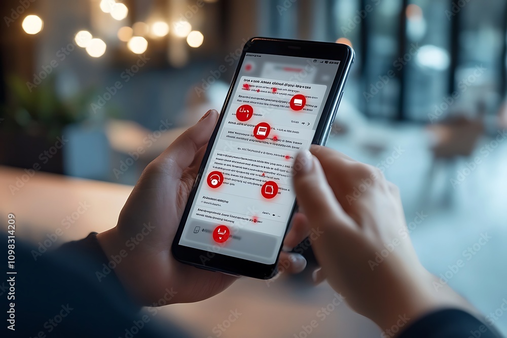 Poster a person using a smartphone displaying a messaging app interface.