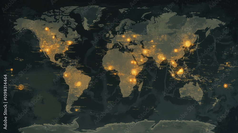 Poster faded world map with data nodes glowing over locations, merging classic geography and global digital