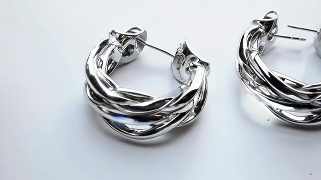 Shiny palladium earrings on white background, 4K hyperrealistic Video
