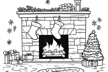 coloring pages for kids, christmas stocking on a fireplace, cartoon style, thick lines, low detail, black and white, no shading